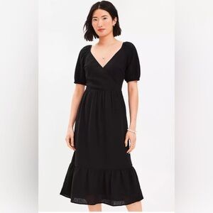 LOFT Black Puff Sleeve Feminine Flirty Ruffle Hem V-Neck Midi Dress Size M NWT